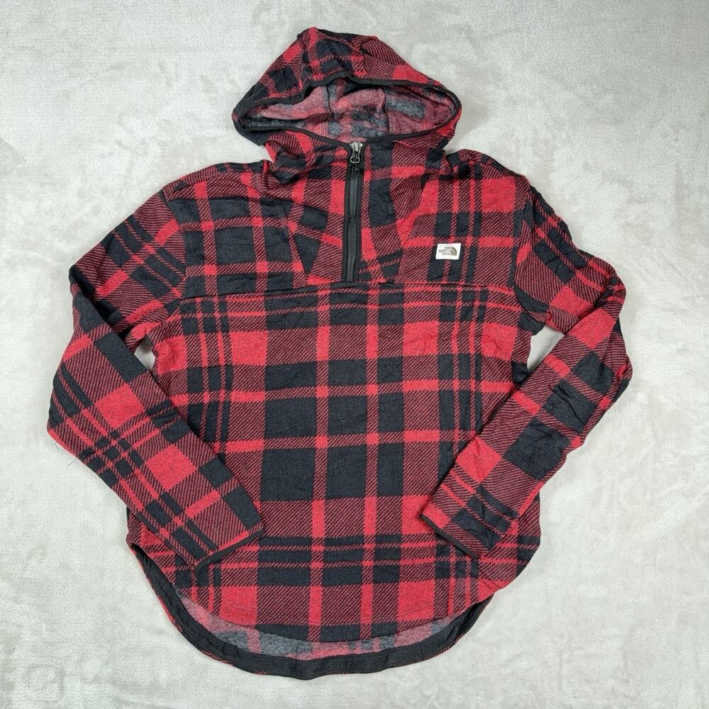 The North Face Women’s Red Plaid ¼-Zip Hooded Sweatshirt – Cozy & Cute